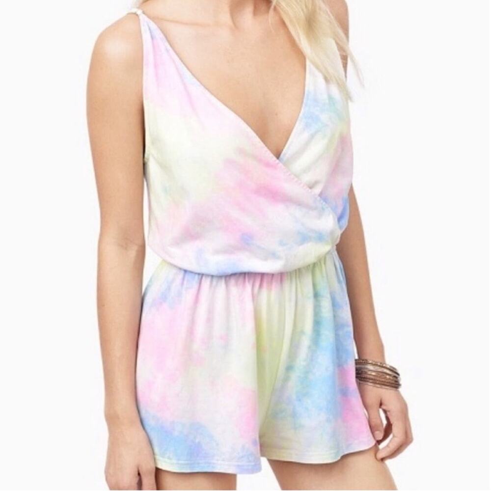 TOBI Chill With Me Pink Tie Dye Romper Medium Pastel Rainbow Spaghetti Strap